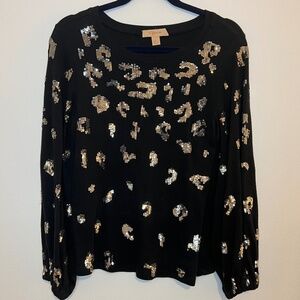 Kyra Size S Black Sequin Leopard Print Long Sleeve Top